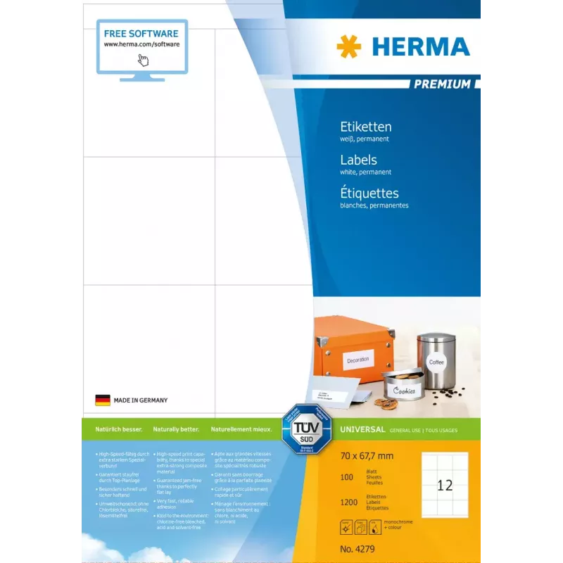 Lipnių etikečių lapas HERMA Labels Premium A4 70x67,7 mm
