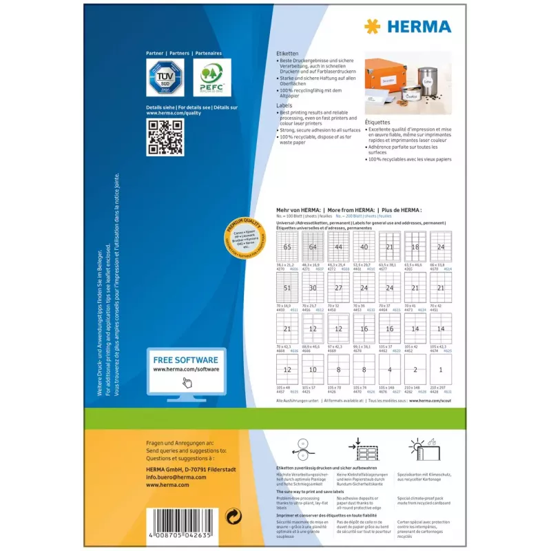 Lipnių etikečių lapai HERMA Premium A4 70x33,8 mm 2400 vnt.