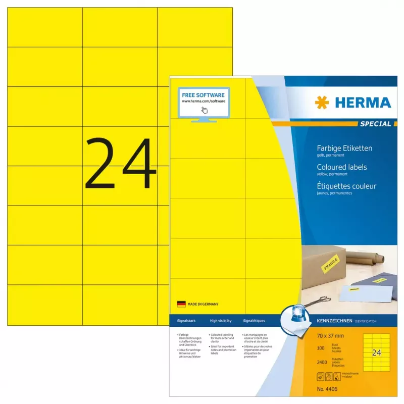 Lipdukai HERMA Spalvoti A4 70x37 mm geltoni popieriniai matiniai 2400 vnt.