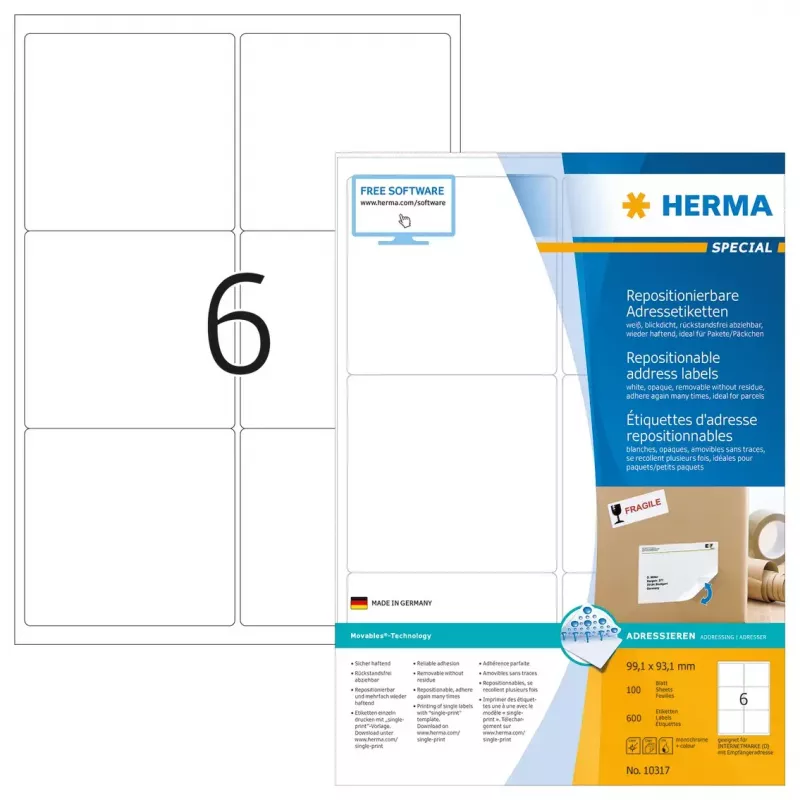 Perklijuojami adresų lipdukai HERMA 10317, 99,1 x 93,1 mm, 600 vnt.