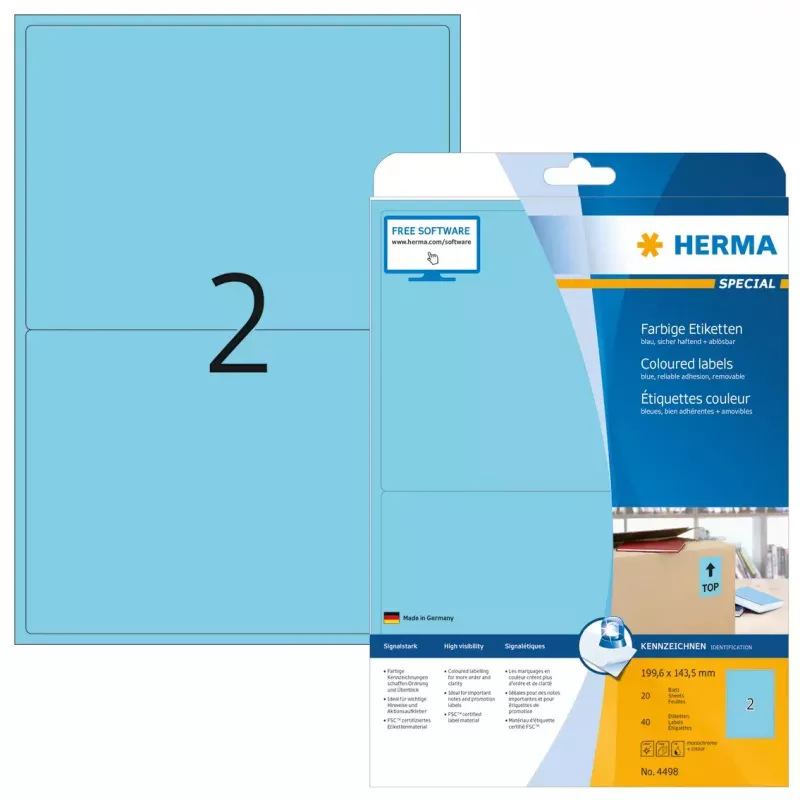 Lipnių etikečių rinkinys HERMA Spalvotos etiketės A4 199,6x143,5 mm mėlynas popierius matinis 40 vnt.