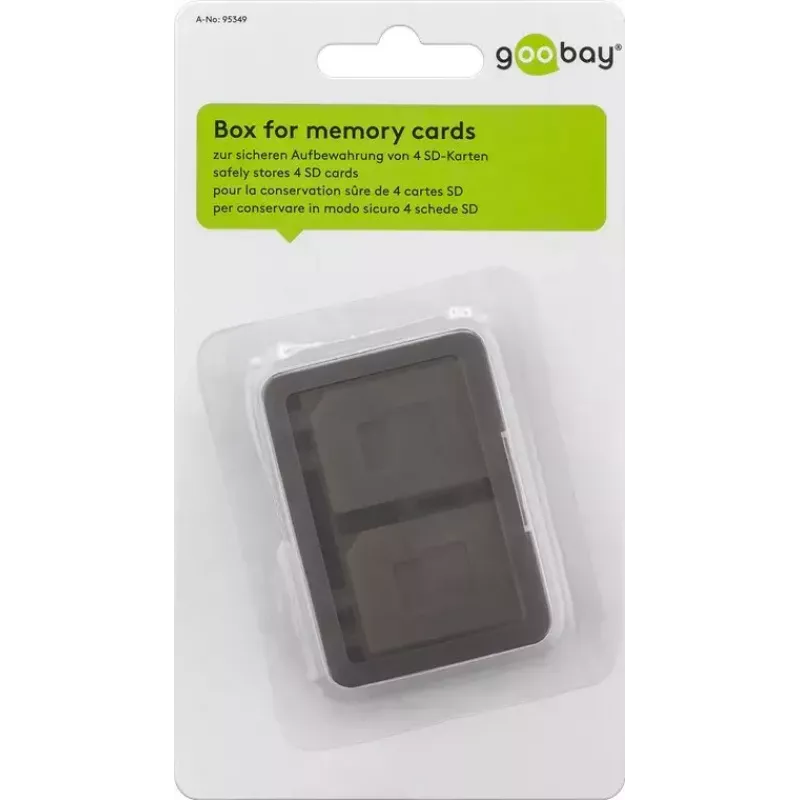 GOOBAY 95349 atminties kortelių laikymo dėžutė, 4 kortelėms, SD/MicroSD/MMC, pilka permatoma plastikinė