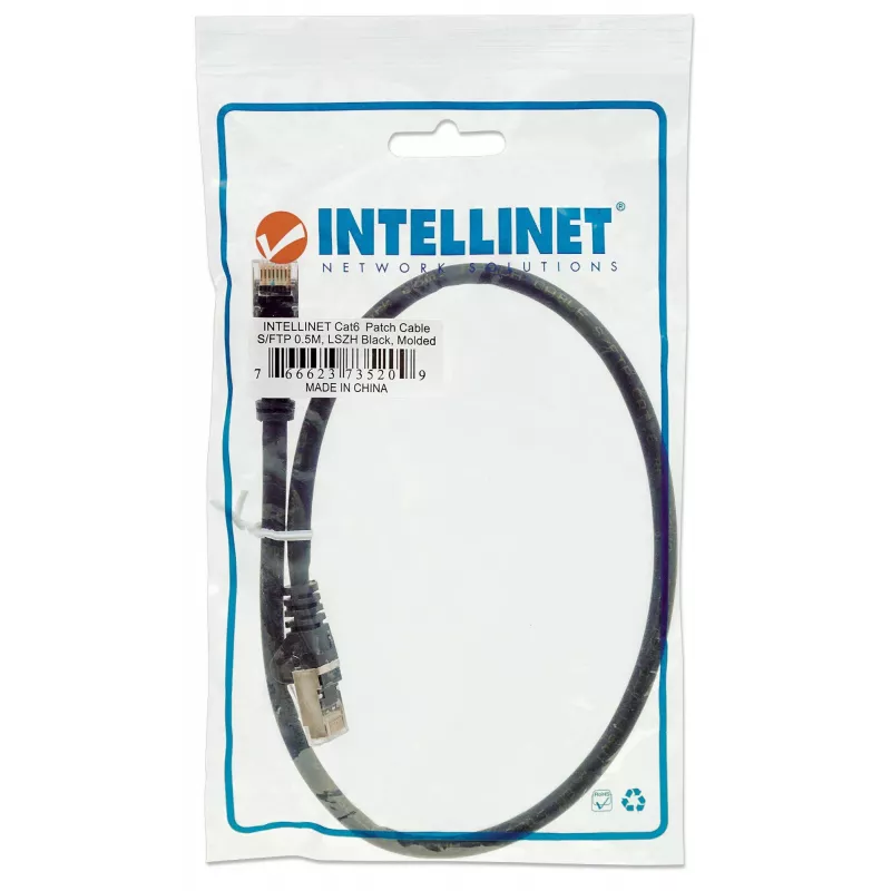 Intellinet tinklo jungiamasis kabelis, Cat6, 0,5 m, juodas, varinis, S/FTP, LSOH / LSZH, PVC, RJ45, paauksuoti kontaktai, be užkabinimo, su apsauginiu gaubteliu, viso galiojimo garantija