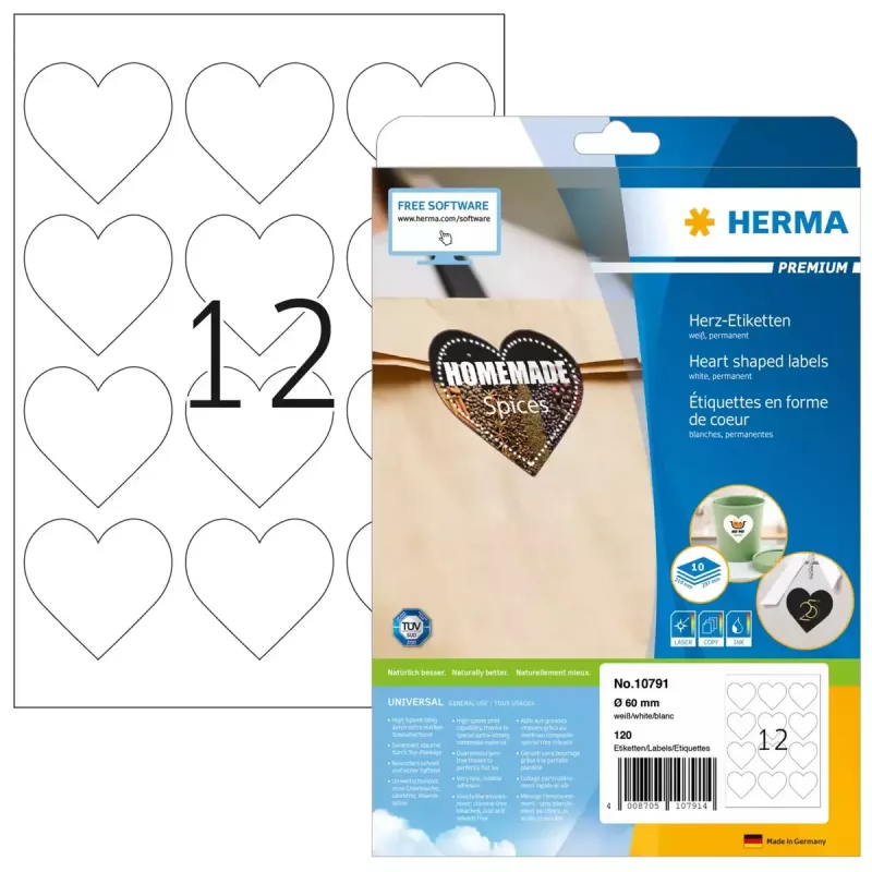 HERMA 10791 lipnūs lipdukai širdelės formos balti nuolatiniam klijavimui 120 vnt.