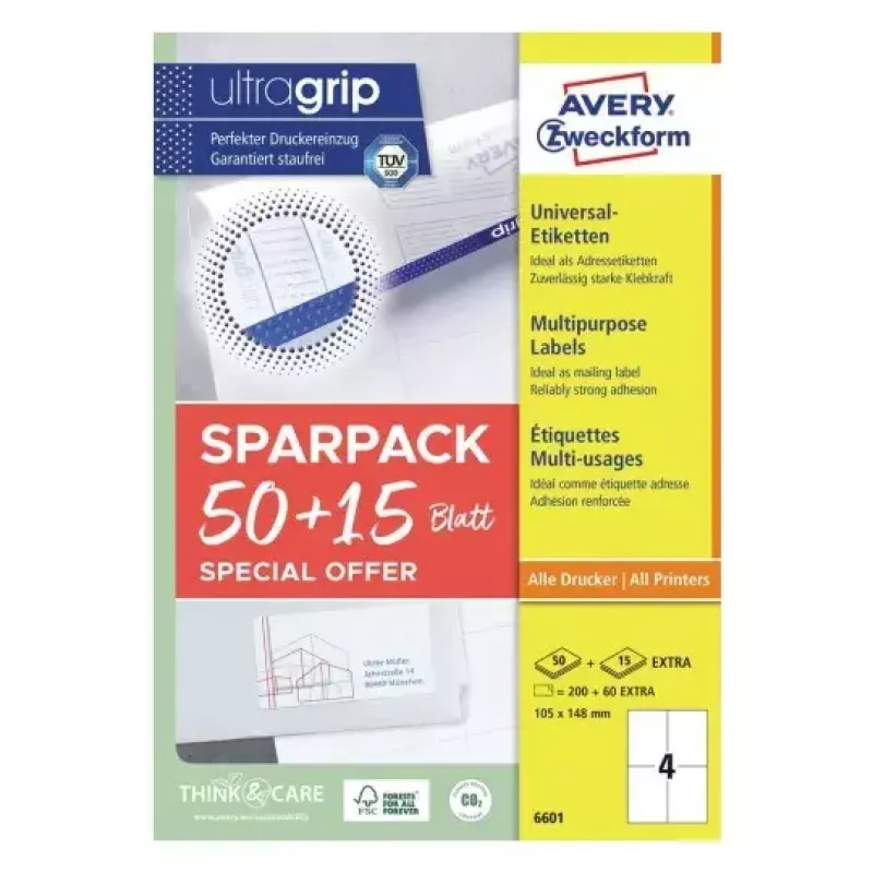 Lipnių etikečių lapai AVERY 6601 Baltos 10,5x14,8 cm 260 vnt.