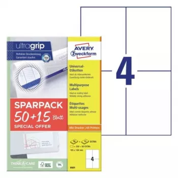 Lipnių etikečių lapai AVERY 6601 Baltos 10,5x14,8 cm 260 vnt.