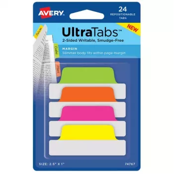 Tuščios skirtukų kortelės Avery Ultra Tabs neon žalia, oranžinė, rožinė, geltona 74767