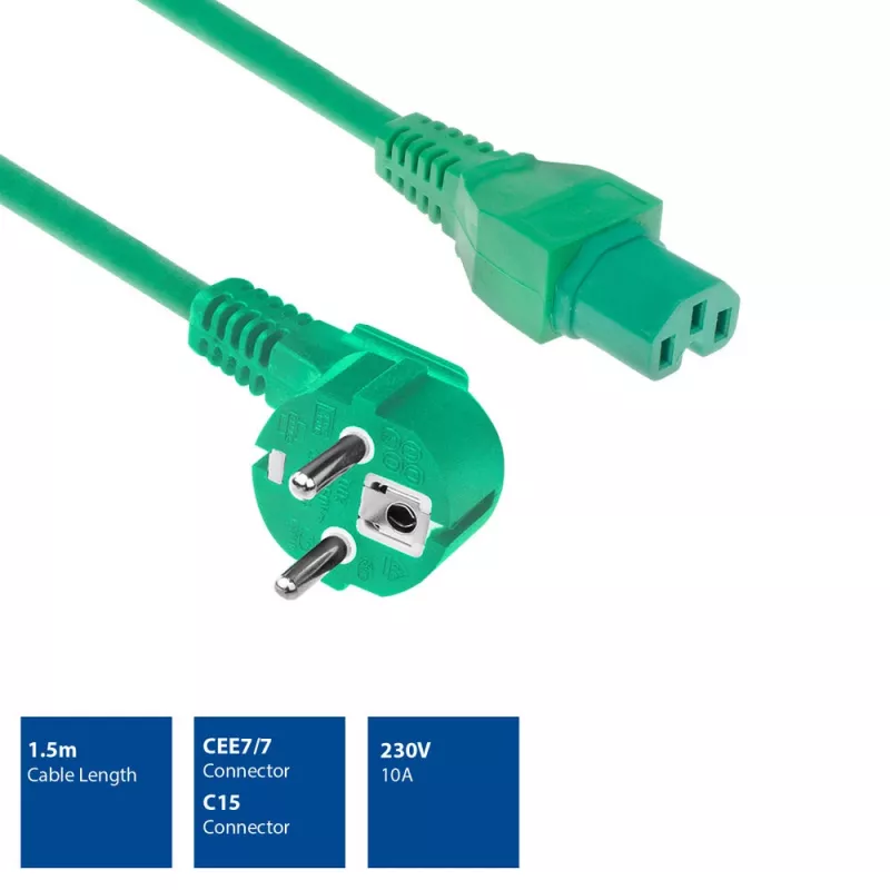 ACT Powercord tinklo laidas CEE 7/7 kištukas (kampuotas) - C15 žalias 1,5 m