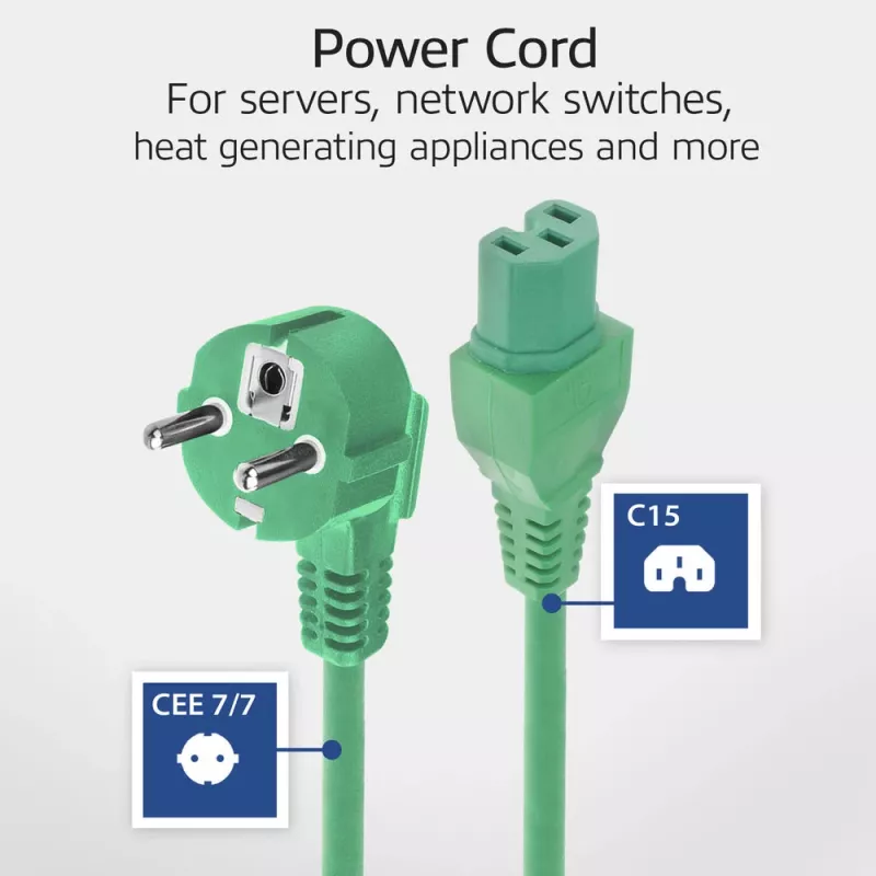 ACT Powercord tinklo laidas CEE 7/7 kištukas (kampuotas) - C15 žalias 1,5 m