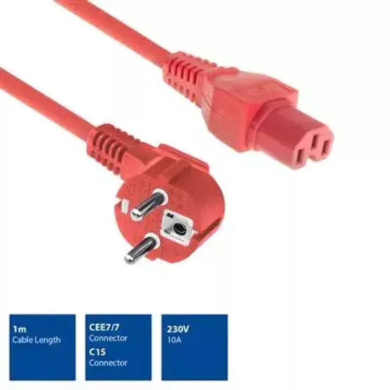ACT maitinimo laidas CEE 7/7 kištukas kampuotas C15 raudonas 1 m 250 V 10 A