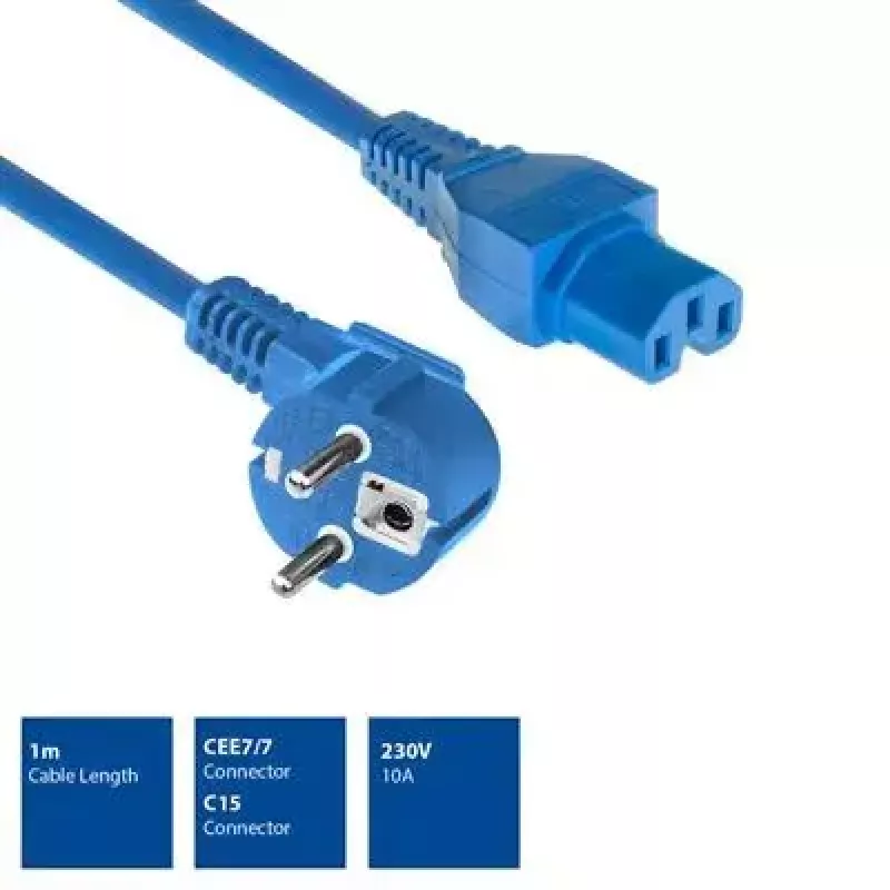 ACT Powercord tinklo laidas CEE 7/7 kištukas (kampuotas) - C15 mėlynas 1 m