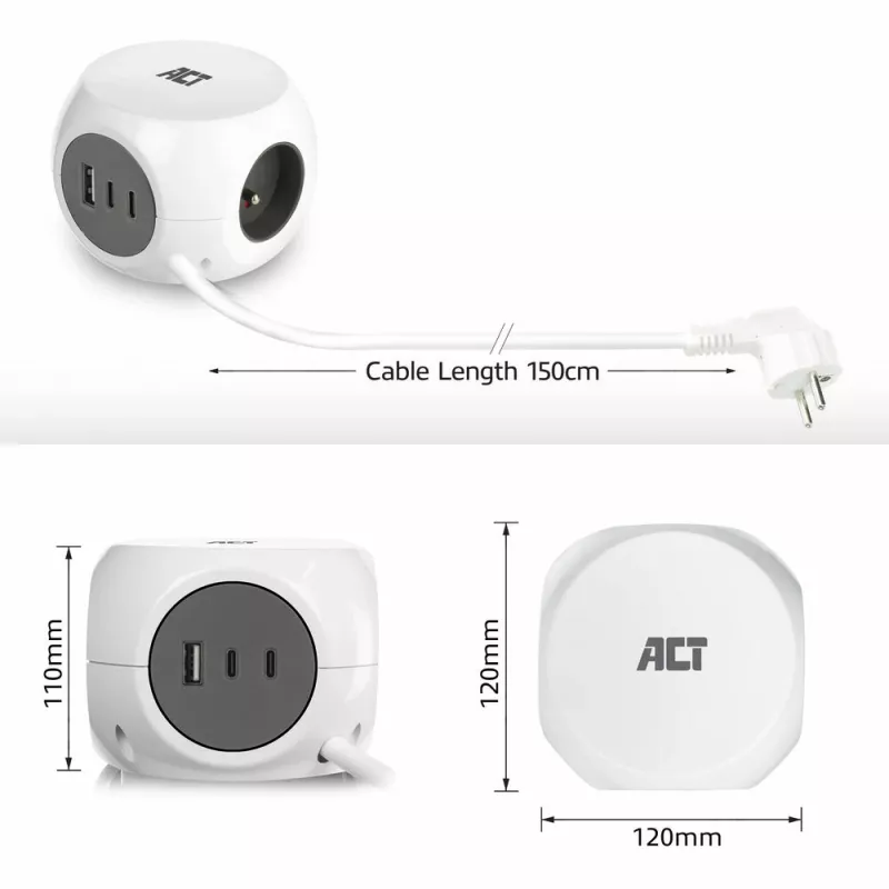 ACT AC2425 ilginimo blokas 1,5 m 3 kištukiniai lizdai Baltas