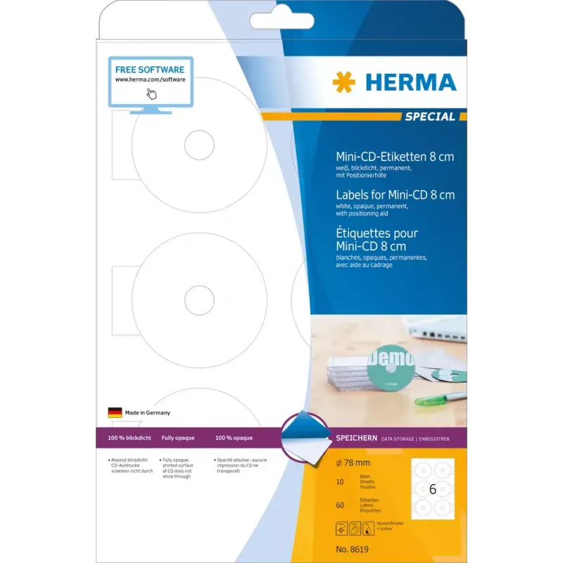 Lipnūs etikečių lapai HERMA CD Mini A4 Ø 78 mm