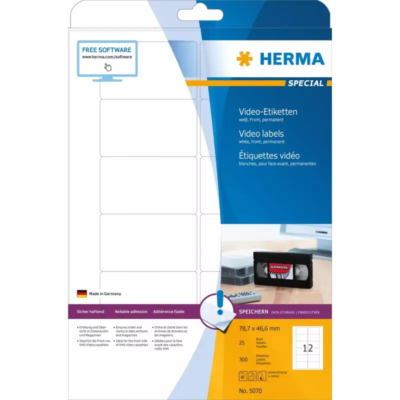 Lipnūs etikečių lapai HERMA Video labels A4 78,7x46,6 mm
