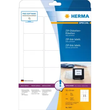 Lipdukai HERMA ZIP diskeliams A4 59x50 mm baltas matinis popierius 375 vnt.