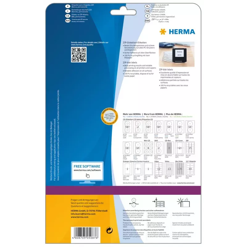 Lipdukai HERMA ZIP diskeliams A4 59x50 mm baltas matinis popierius 375 vnt.