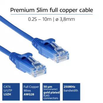 ACT Blue 2 m LSZH U/UTP CAT6 plonas duomenų centro pataisos laidas, be užkabinimo, su RJ45 jungtimis