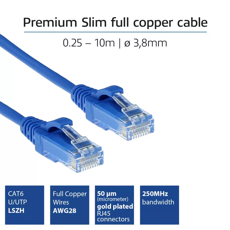 ACT Blue 2 m LSZH U/UTP CAT6 plonas duomenų centro pataisos laidas, be užkabinimo, su RJ45 jungtimis
