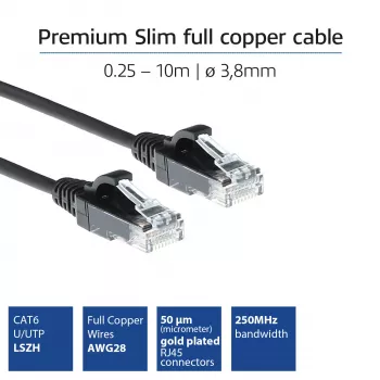 ACT Black 3 m LSZH U/UTP CAT6 plonas laidas duomenų centrui, be užkliuvimo, su RJ45 jungtimis