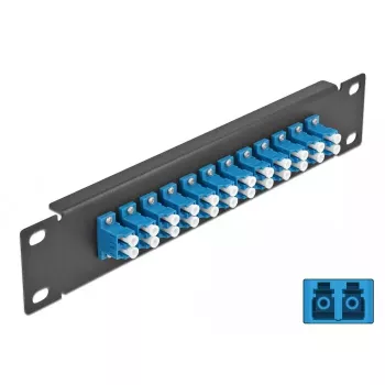 Skaidulinės optikos skirstymo panelė DeLOCK 10 colių 12 prievadų LC Duplex mėlyna 1U juoda