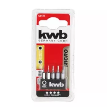 Suktuvų antgalių rinkinys KWB 128440 – 5 vnt., šešiakampiai (imperiniai) antgaliai, metriniai dydžiai 0,7; 0,9; 1,3; 1,5; 2 mm, 28 mm ilgio
