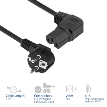 ACT maitinimo laidas CEE 7/7 kištukas (kampuotas) - C15 (kampuotas dešinėn) IEC60320 juodas 1,5 m