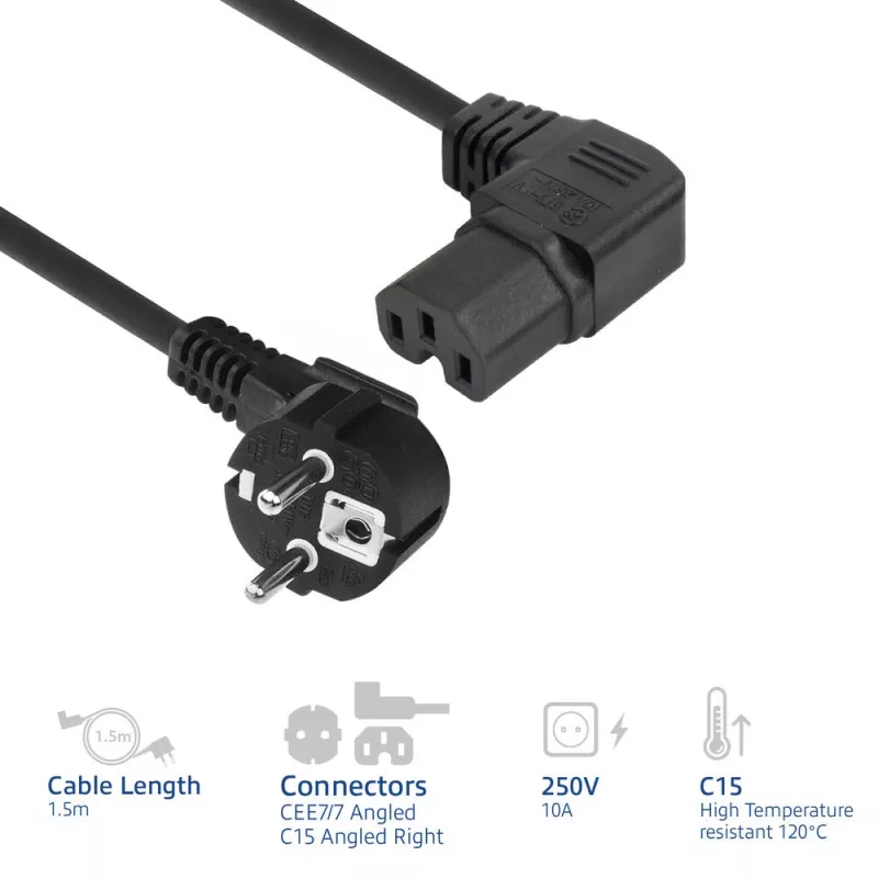 ACT maitinimo laidas CEE 7/7 kištukas (kampuotas) - C15 (kampuotas dešinėn) IEC60320 juodas 1,5 m