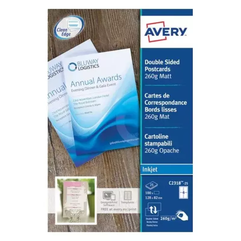 Avery Quick&Clean C2318-25i kortelės, 82,6 x 127 mm, 260 g/m², baltos, 100 kortelių (25 lapai x 4)