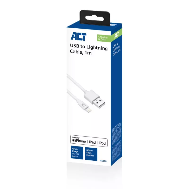 ACT AC3011 USB-A – Lightning laidas, 1 m, baltas, MFI sertifikuotas
