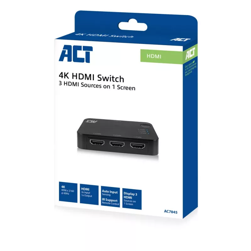 ACT 4K HDMI jungiklis 3x1 juodas 60Hz 1920x1080 3840x2160