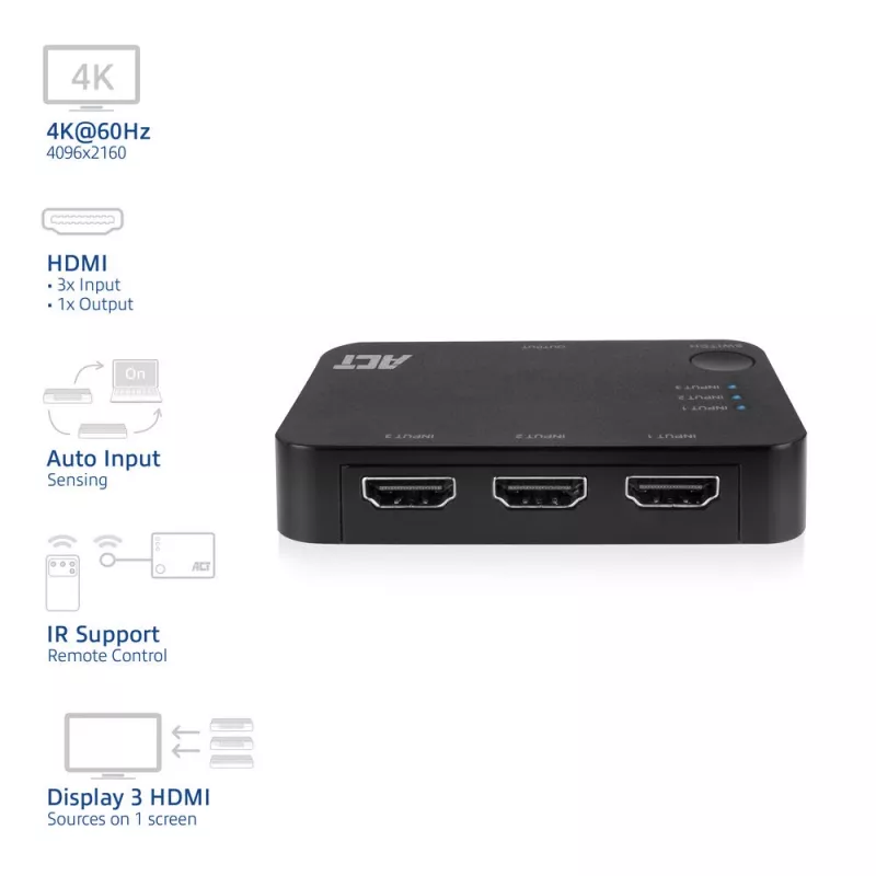 ACT 4K HDMI jungiklis 3x1 juodas 60Hz 1920x1080 3840x2160
