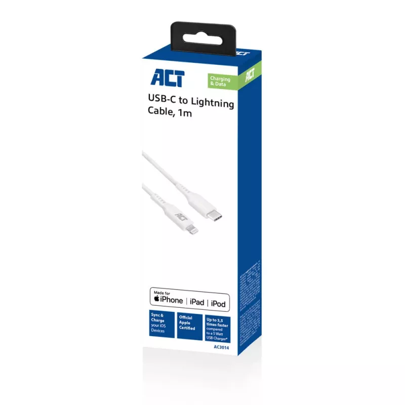 ACT USB 2.0 įkrovimo / duomenų kabelis C tipas – Lightning 1 m, MFi sertifikuotas