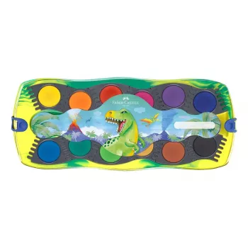 Dažų rinkinys Faber-Castell 125036 Dinozaurų dizainas, 12 spalvų + balta, maišomi indeliai