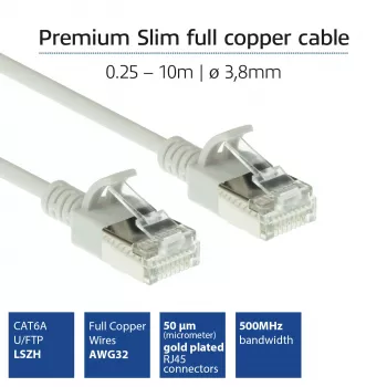 ACT pilka 0,5 m LSZH U/FTP CAT6A plonas duomenų centro pataisos kabelis su apsauga nuo užkabinimo ir RJ45 jungtimis