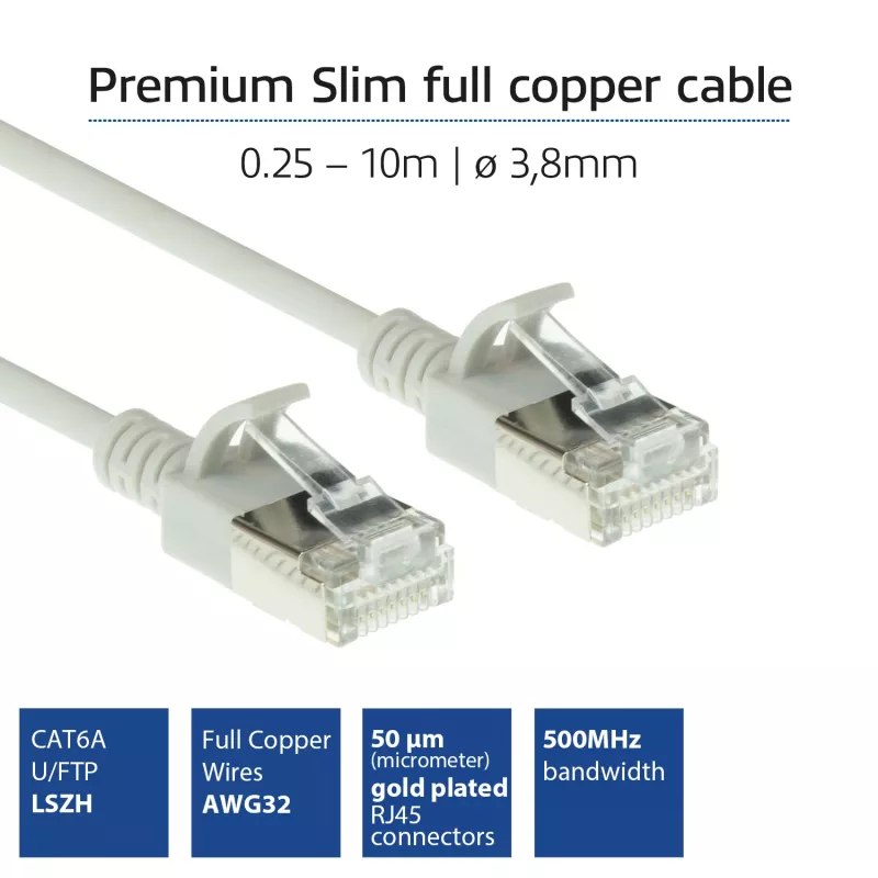 ACT pilka 0,5 m LSZH U/FTP CAT6A plonas duomenų centro pataisos kabelis su apsauga nuo užkabinimo ir RJ45 jungtimis