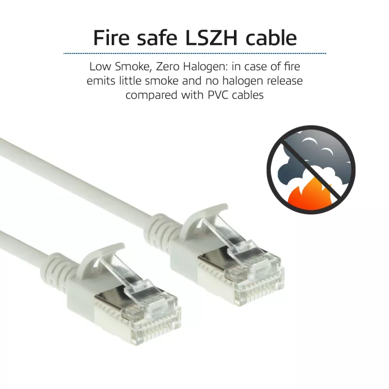 ACT pilka 0,5 m LSZH U/FTP CAT6A plonas duomenų centro pataisos kabelis su apsauga nuo užkabinimo ir RJ45 jungtimis