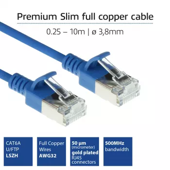 ACT Blue 2 m LSZH U/FTP CAT6A duomenų centro plonas jungiamasis kabelis su apsaugotais RJ45 kištukais