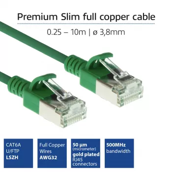 ACT Green 0,5 m LSZH U/FTP CAT6A plonas centrinis jungiamasis kabelis su apsauga nuo užkabinimo ir RJ45 jungtimis