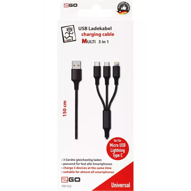 USB laidas 2GO 797153 1,5 m USB B USB-C / Micro-USB B / Lightning juodas