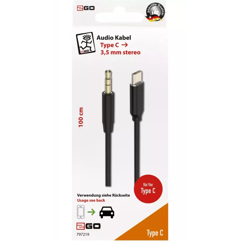Audio kabelis 2GO 797219 1m 3.5mm USB Type-C juodas