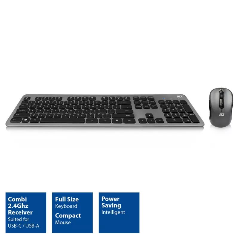 ACT belaidis klaviatūros ir pelės rinkinys, USB-C/US-A kombinuotas imtuvas (QWERTY / US išdėstymas)