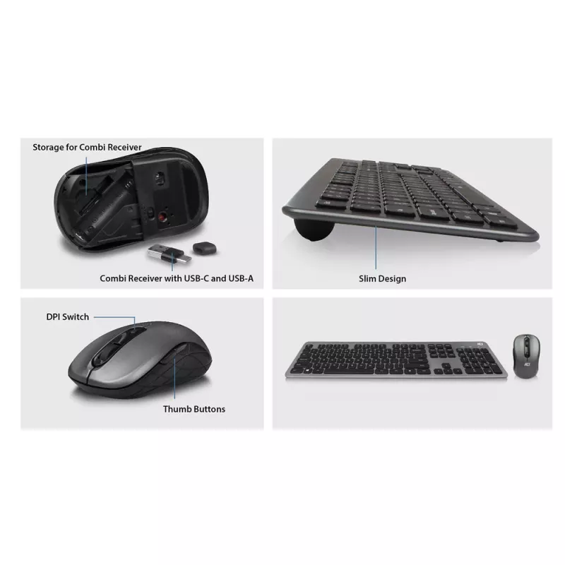 ACT belaidis klaviatūros ir pelės rinkinys, USB-C/US-A kombinuotas imtuvas (QWERTY / US išdėstymas)
