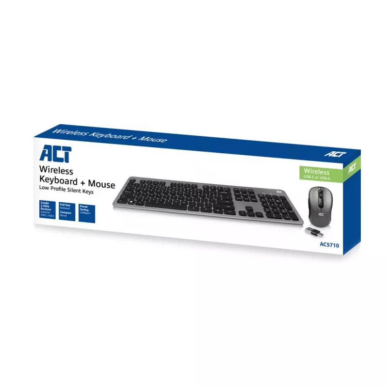 ACT belaidis klaviatūros ir pelės rinkinys, USB-C/US-A kombinuotas imtuvas (QWERTY / US išdėstymas)
