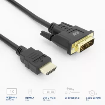 ACT AK3734 HDMI–DVI-D vaizdo kabelio adapteris 1 m, juodas