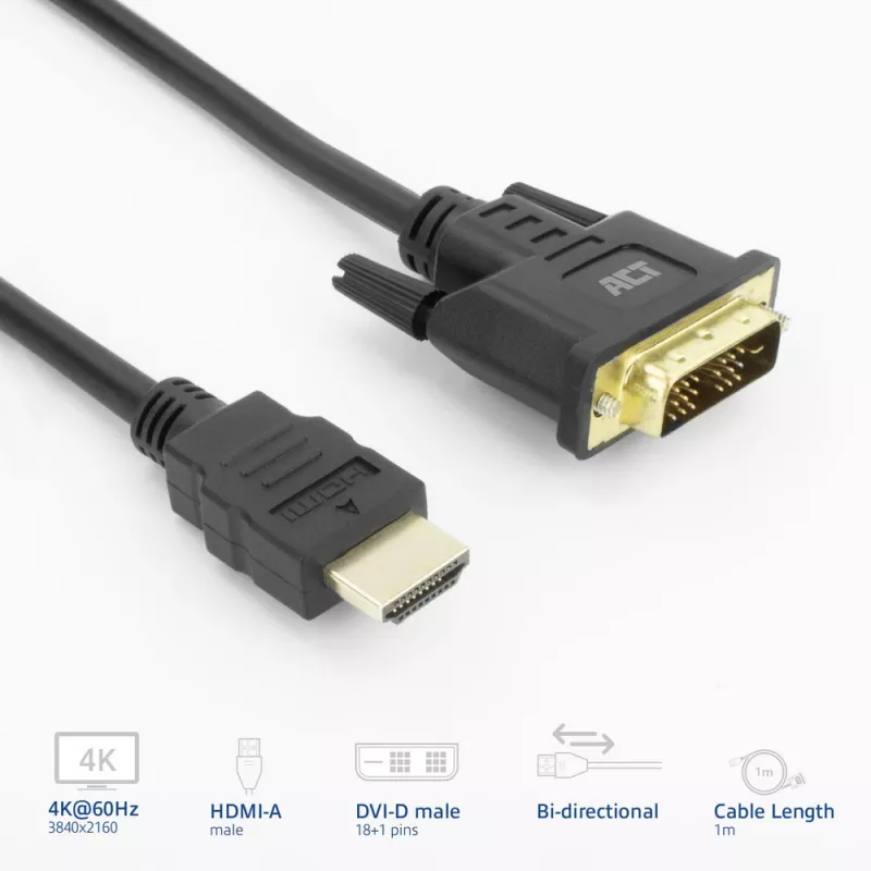 ACT AK3734 HDMI–DVI-D vaizdo kabelio adapteris 1 m, juodas