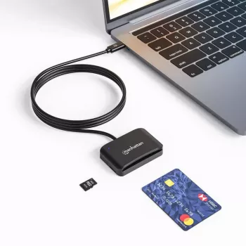 Manhattan USB-C kontaktinių kortelių skaitytuvas su microSD lizdu, USB Type-C vyriškas prie kontaktinio skaitytuvo sąsajos ir microSDXC, palaiko Windows, macOS ir Linux, skaito SIM korteles su adapteriu, kabelis 1m, juodas, trejų metų garantija