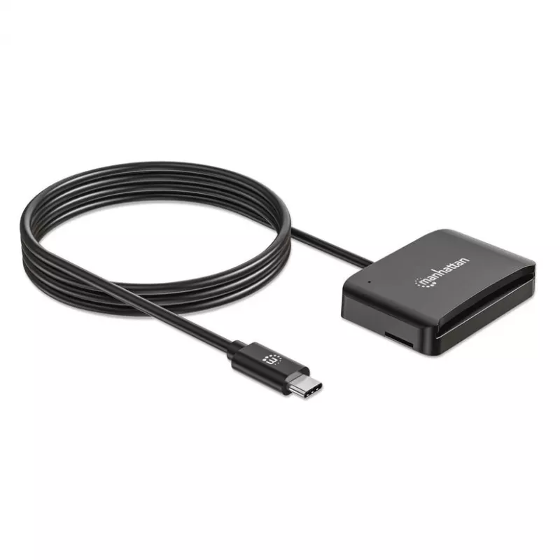 Manhattan USB-C kontaktinių kortelių skaitytuvas su microSD lizdu, USB Type-C vyriškas prie kontaktinio skaitytuvo sąsajos ir microSDXC, palaiko Windows, macOS ir Linux, skaito SIM korteles su adapteriu, kabelis 1m, juodas, trejų metų garantija
