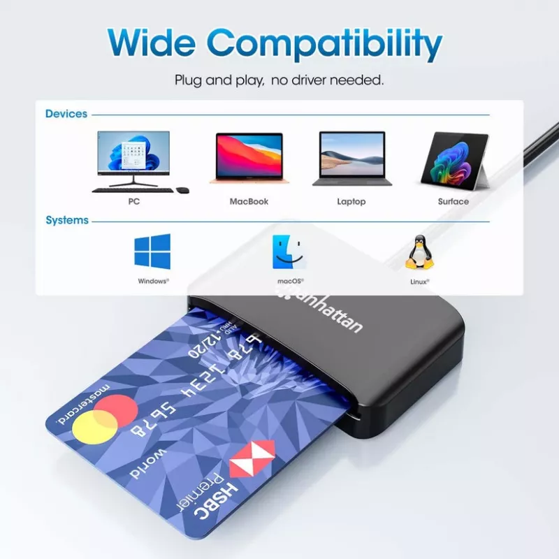 Manhattan USB-C kontaktinių kortelių skaitytuvas su microSD lizdu, USB Type-C vyriškas prie kontaktinio skaitytuvo sąsajos ir microSDXC, palaiko Windows, macOS ir Linux, skaito SIM korteles su adapteriu, kabelis 1m, juodas, trejų metų garantija