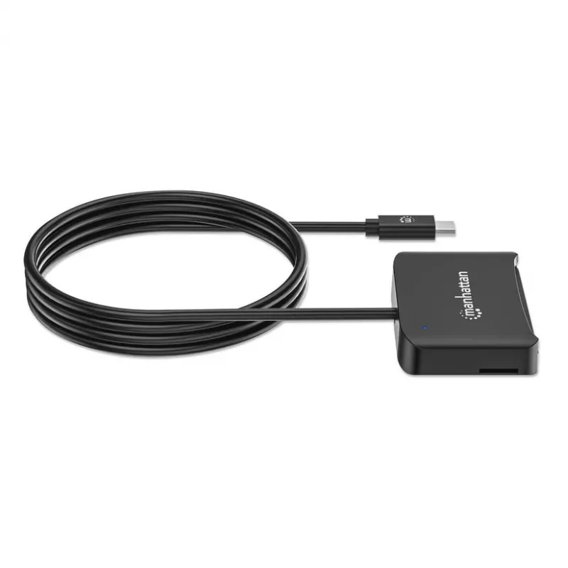 Manhattan USB-C kontaktinių kortelių skaitytuvas su microSD lizdu, USB Type-C vyriškas prie kontaktinio skaitytuvo sąsajos ir microSDXC, palaiko Windows, macOS ir Linux, skaito SIM korteles su adapteriu, kabelis 1m, juodas, trejų metų garantija
