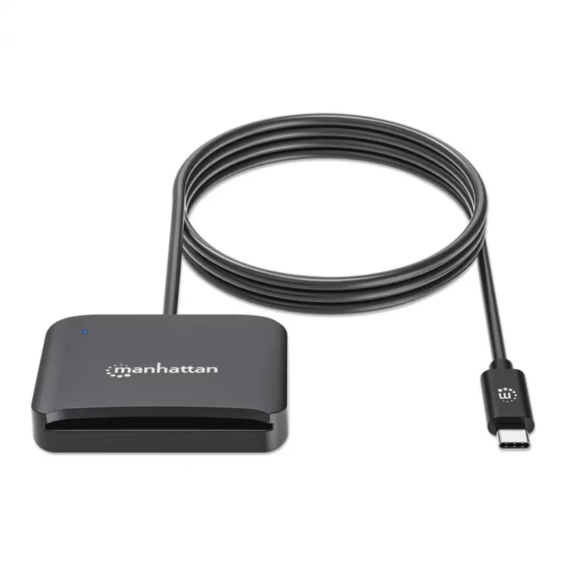 Manhattan USB-C kontaktinių kortelių skaitytuvas su microSD lizdu, USB Type-C vyriškas prie kontaktinio skaitytuvo sąsajos ir microSDXC, palaiko Windows, macOS ir Linux, skaito SIM korteles su adapteriu, kabelis 1m, juodas, trejų metų garantija